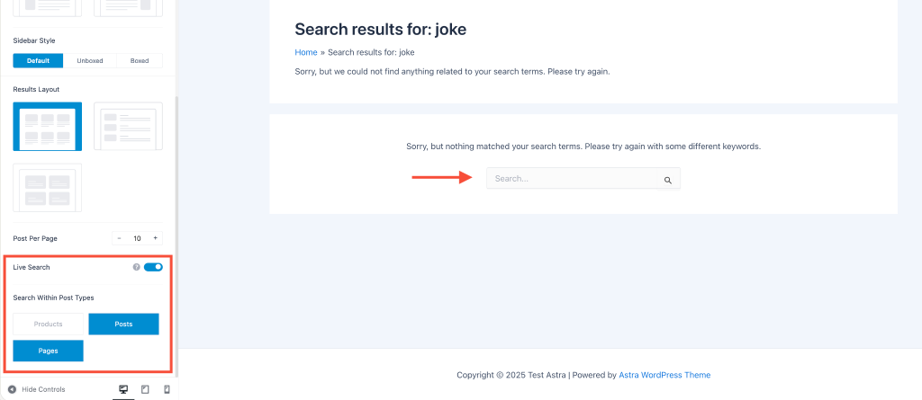 Search Page live search on search results page