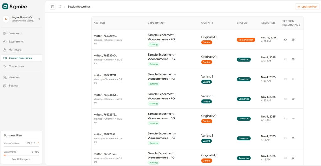 How To Grow Your eCommerce Store With Value and Volume Tests Sigmize anonymously records user sessions and stores them so you can check any experiment at any time