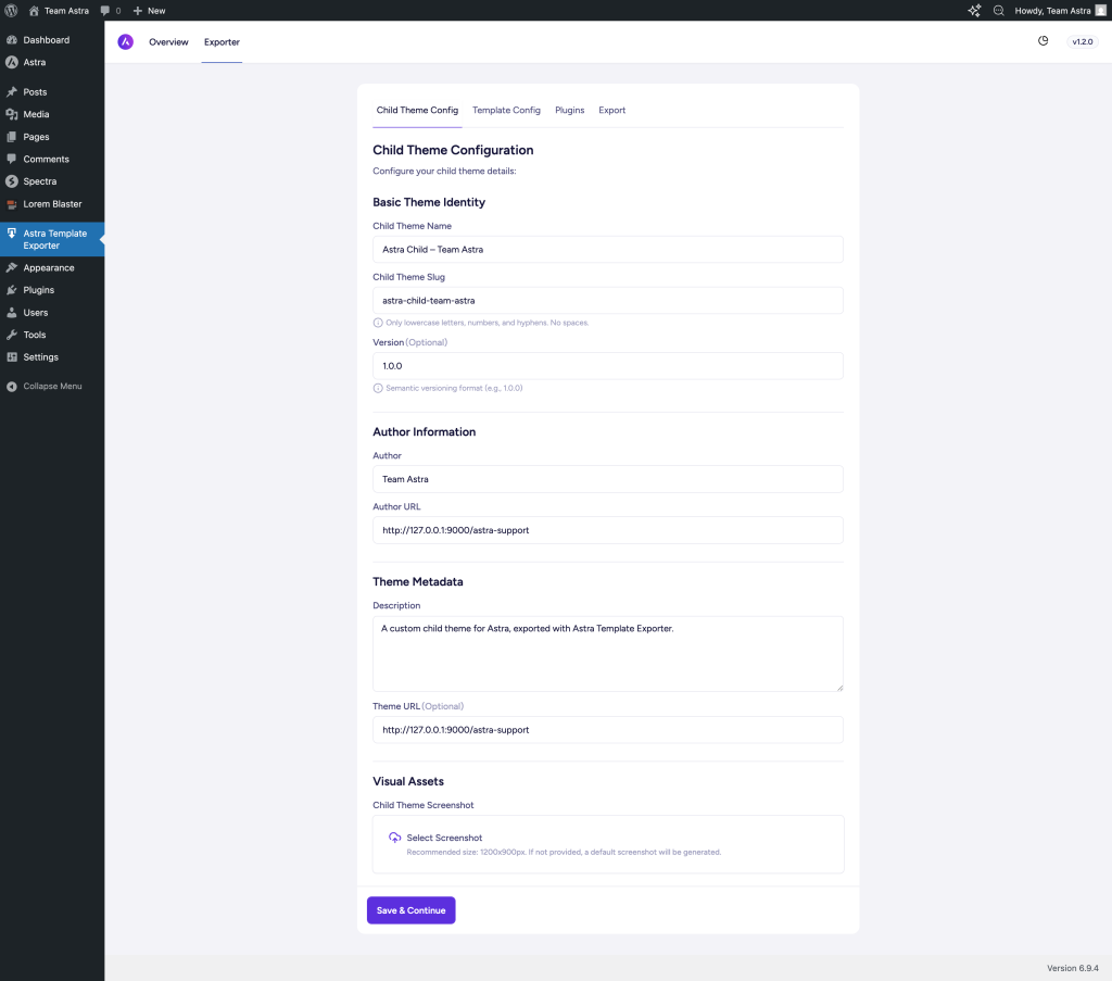 Export Your Custom Astra Template Configure Child Theme Settings Screen 1024x903