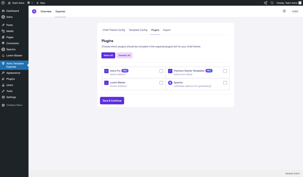 Export Your Custom Astra Template Select The Required Plugins For Template Design Screen 1024x599