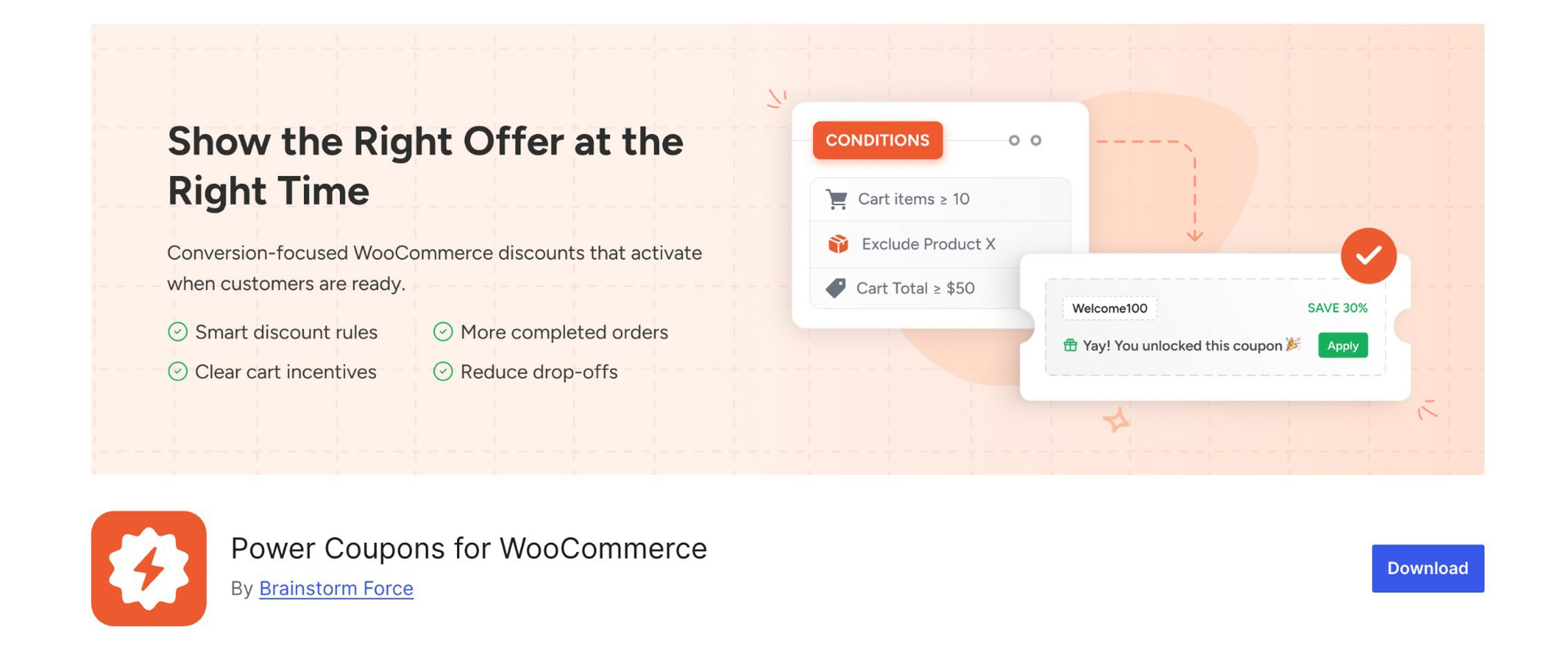 Power Coupons plugin coupon creation screen in WordPress dashboard showing cart condition rules panel and auto-apply toggle setting