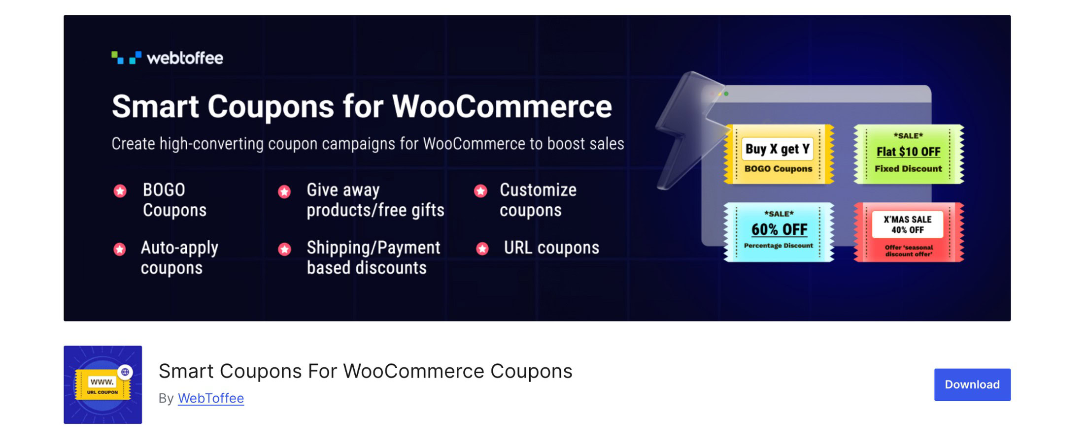 WebToffee Smart Coupons bulk coupon generation screen in WordPress showing code count input, prefix and suffix fields, and one-click generate button